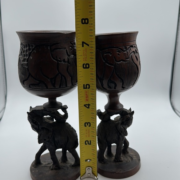 Vintage Hand Carved Ebony Wood Goblets Elephant Decoration Artisan African 2 Pcs - Picture 5 of 8